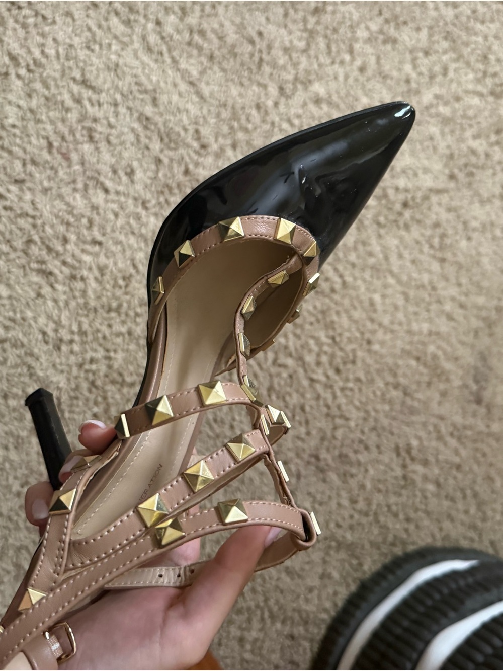 Studded Pointed-Toe Strappy Pump in Black and Nude - Picture 3 of 5